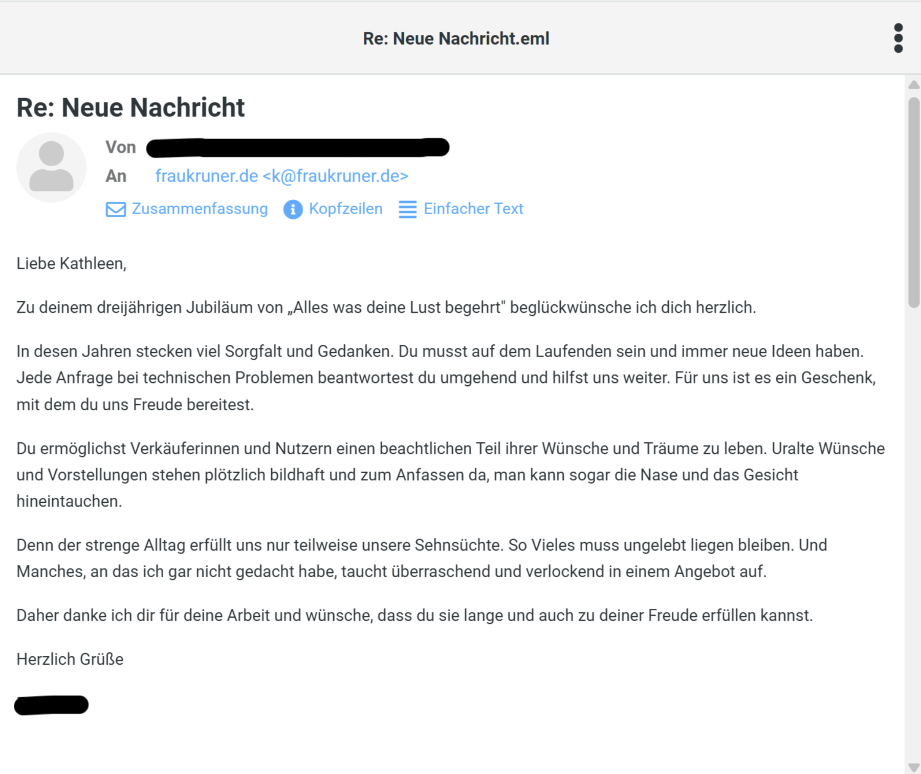 Screenshot eines anonymisierten Kundenfeedbacks zum 3-j&auml;hrigen Jubil&auml;um der Plattform &bdquo;Alles was deine Lust begehrt&ldquo; von FrauKruner.