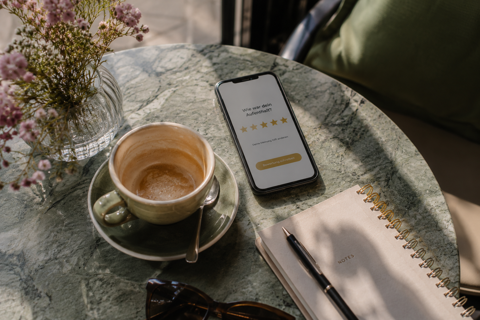 Eine Bewertung dauert nur Minuten Schreibtisch mit Kaffee und Handy und der Aufforderung zur Bewertung