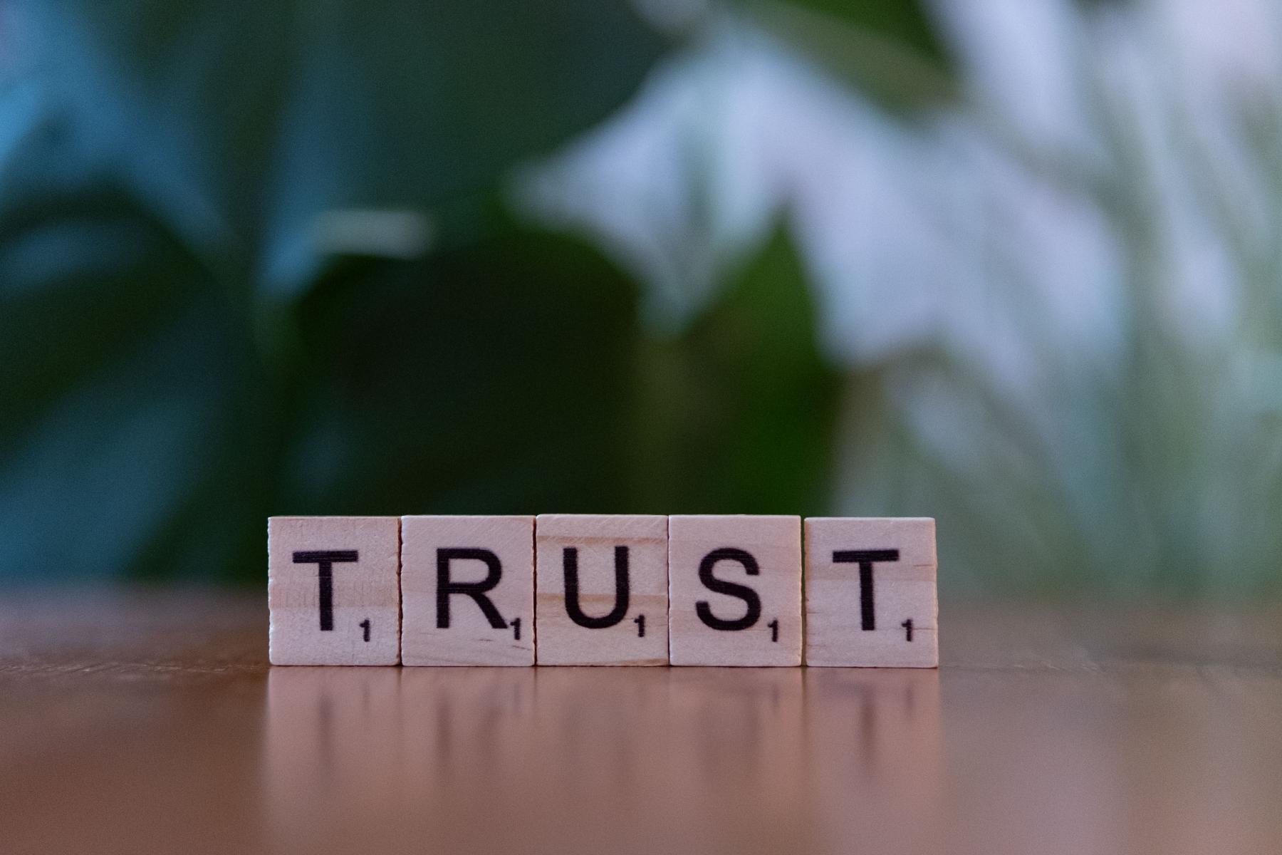 Ästhetische Anordnung von Buchstabenwürfeln mit dem Wort Vertrauen